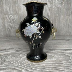 Vintage Black Lacquer Mother of Pearl Vase w/ Brass Handles grandmillinial decor